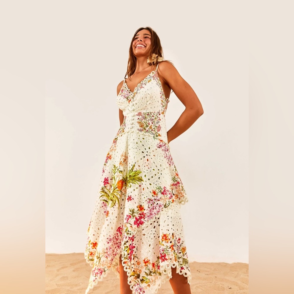 Farm Rio Delicate forest scarves Floral Eyelet Midi Dress